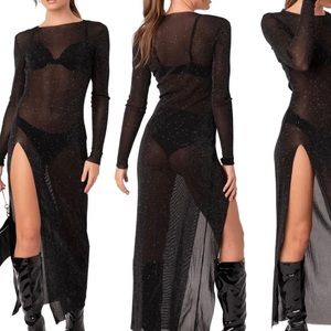 Edikted Glitter Mesh Slit Maxi Dress